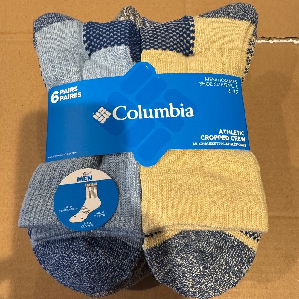 Columbia Men's 6 Pairs Athletic Cropped Crew Socks Large 6-12 NEW with TAGS